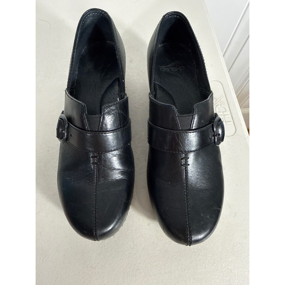 Dansko Black Leather Buckle Strap Clogs Block Heel Slip On Shoes Womens 38. 7.5